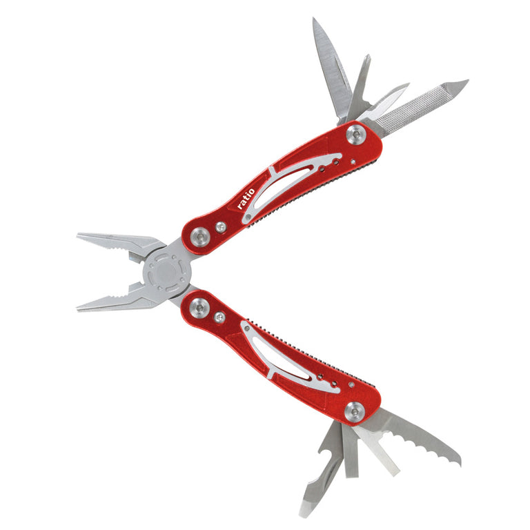 Alicate multiherramienta RATIO MultiTool mini rojo de acero inoxidable con todas sus herramientas desplegadas.