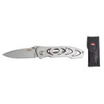 Navaja RATIO Sport Tool abierta con hoja de acero inox satinado y mango de aluminio gris con funda negra