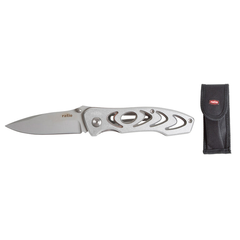 Navaja RATIO Sport Tool abierta con hoja de acero inox satinado y mango de aluminio gris con funda negra
