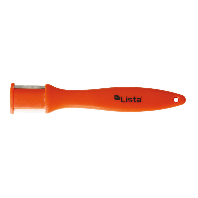 Afilador multiuso LISTA de 120mm con mango ergonómico naranja y cabezal de afilado de metal duro.