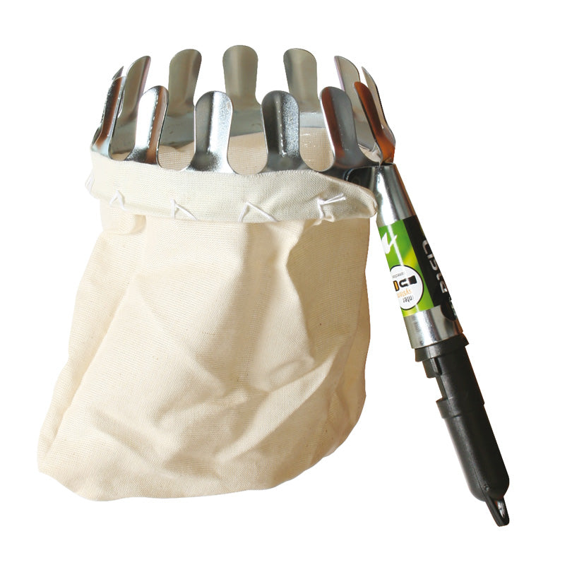 Recogedor de frutos LISTA InterSystem con corona metálica dentada y bolsa de tela para cosecha en altura.