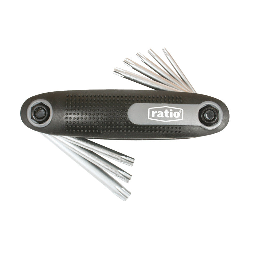 Juego de 8 llaves Torx de seguridad RATIO 6254H8 en formato navaja plegable con mango ergonómico antideslizante.