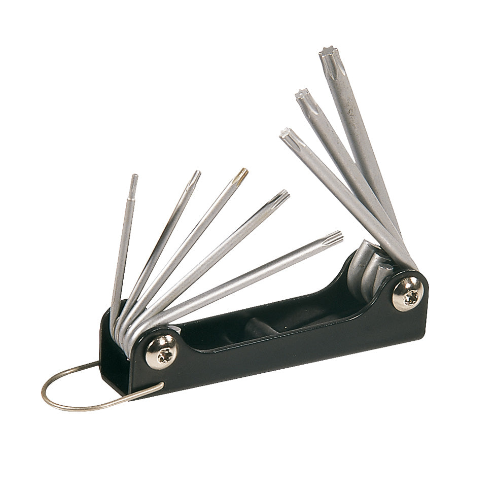 Juego de 8 llaves Torx RATIO tipo navaja plegable fabricadas en acero cromo-vanadio satinado.