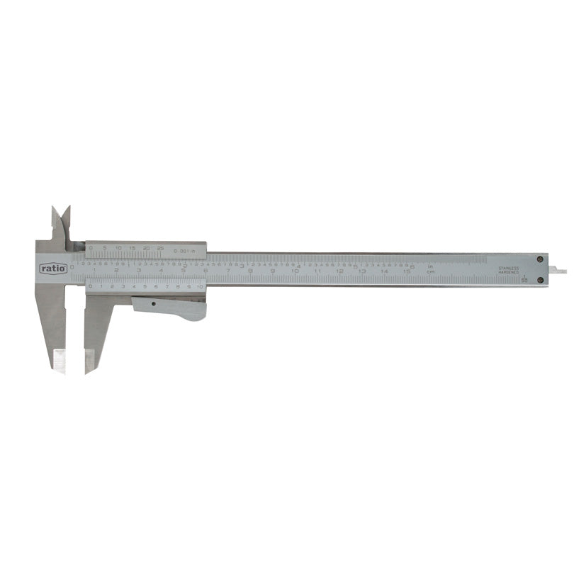 Pie de rey RATIO 6309 de acero inoxidable con escala dual en milímetros y pulgadas y palanca de bloqueo tipo Mauser.