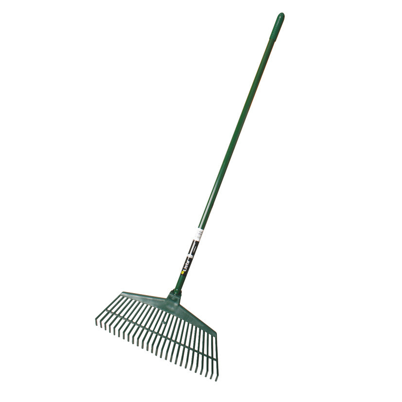 Escoba de jardín LISTA de 43 cm con 26 púas planas y mango de aluminio ligero para limpieza de césped.