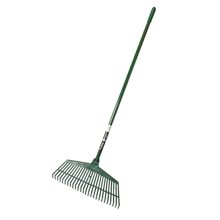 Escoba de jardín LISTA de 43 cm con 26 púas planas y mango de aluminio ligero para limpieza de césped.