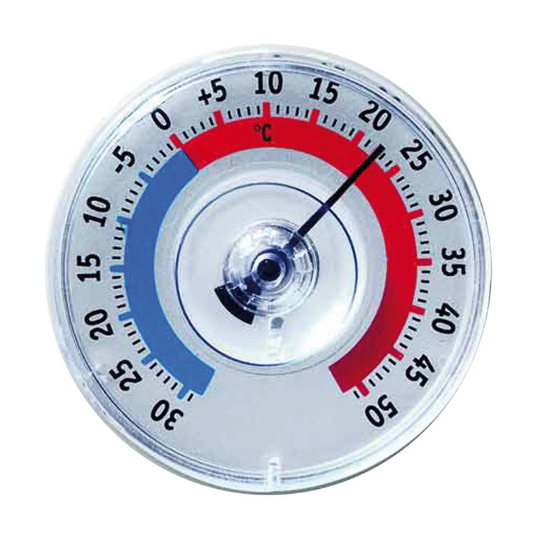 Termómetro analógico circular HERTER de 80mm para ventana con escala de -30 a 50 grados centígrados y fijación por ventosa
