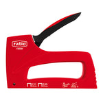 Clavadora de grapas RATIO CR100 roja con mango ergonómico negro y marcas de compatibilidad 131 y 530 de 6-8 mm