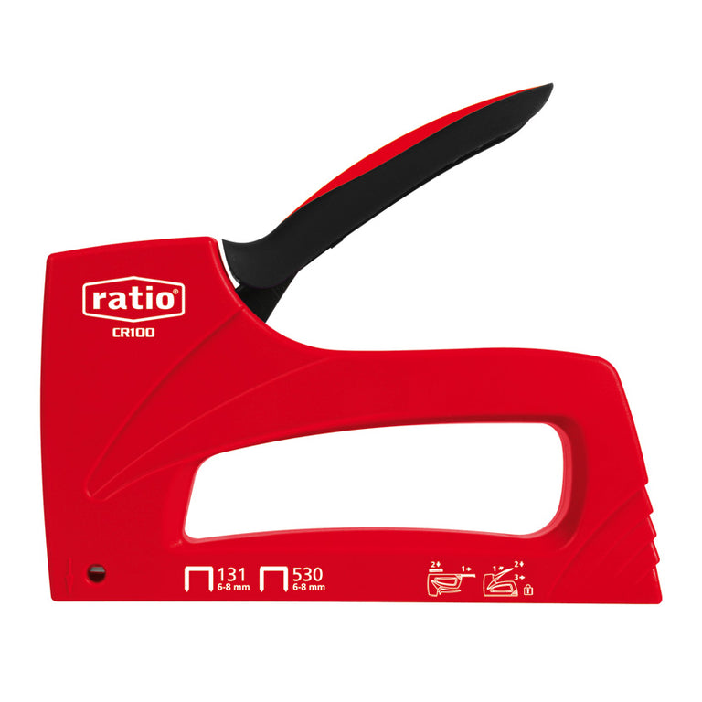 Clavadora de grapas RATIO CR100 roja con mango ergonómico negro y marcas de compatibilidad 131 y 530 de 6-8 mm