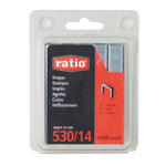 Blíster de 1000 grapas RATIO modelo 530 de 14mm con dimensiones técnicas A 11.40mm B 14mm C 0.75mm