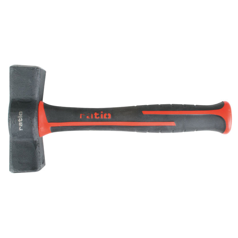 Maceta de albañil RATIO con cabeza de hierro forjado y mango ergonómico de fibra de vidrio negro y rojo.