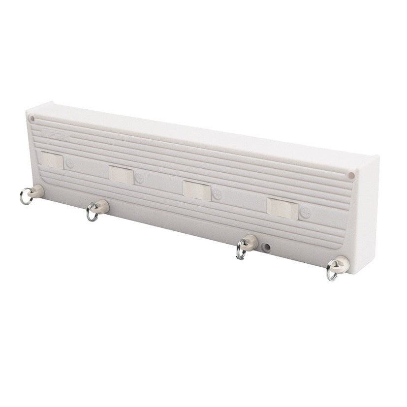 Tendedero de pared extensible blanco con cuerdas de nylon y ganchos metálicos para secado de ropa