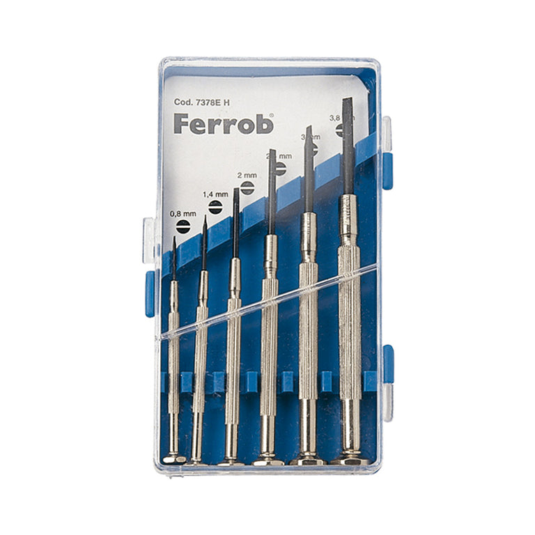 Estuche de destornilladores de precisión Ferrob con 6 unidades de cuerpo metálico y puntas para trabajos de electrónica.