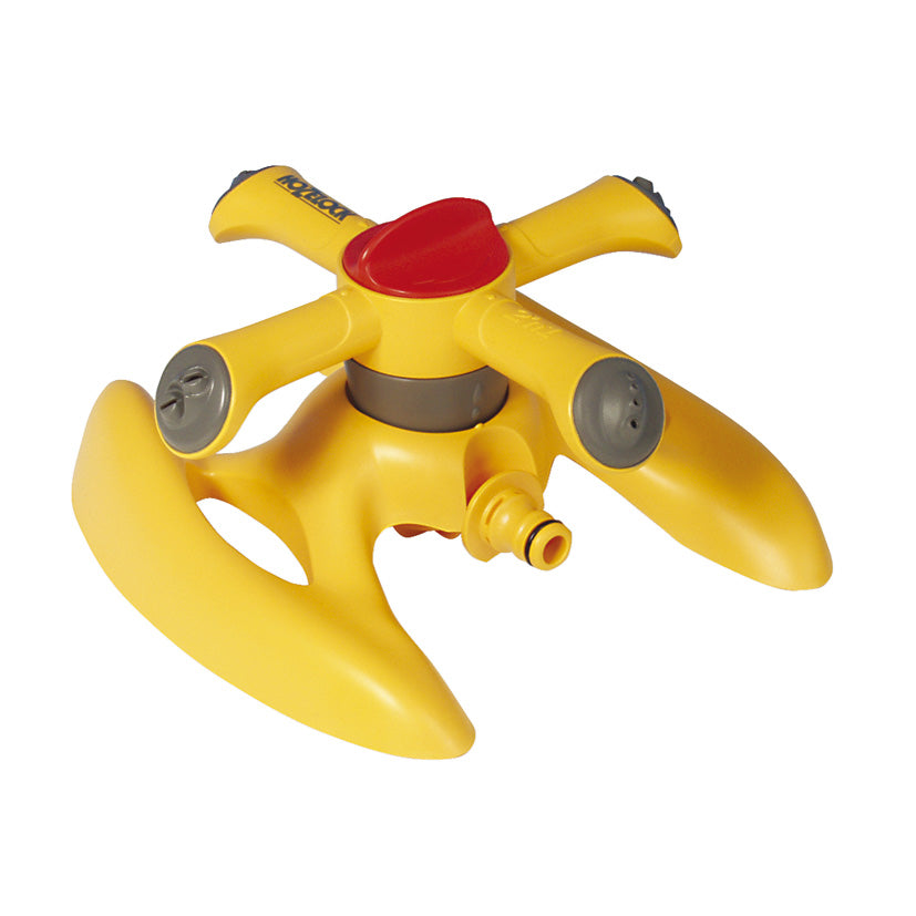 Aspersor circular Hozelock Vortex 2 en 1 amarillo con base de trineo y cuatro brazos rotatorios para riego de jardín