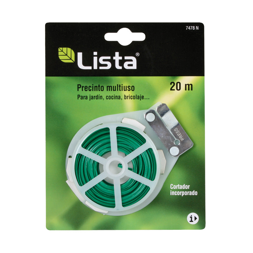 Precinto multiuso Lista de 20 metros en rollo verde con cortador metálico integrado para jardín y bricolaje.