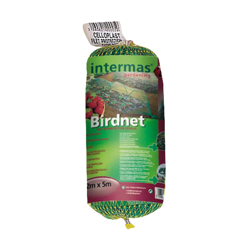 Malla antipájaros Intermas Birdnet verde en rollo para protección de cultivos y árboles frutales