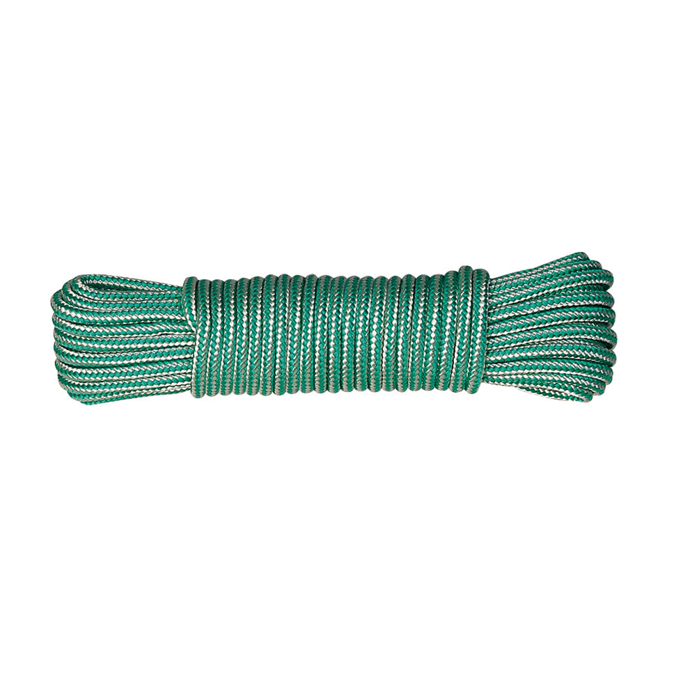 Madeja de cuerda trenzada de polipropileno 4mm en color verde y blanco para uso doméstico.