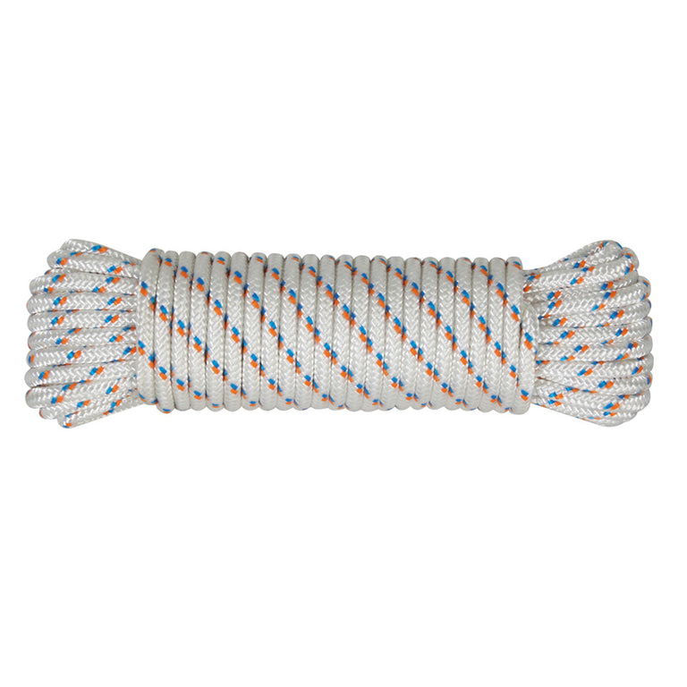 Cuerda trenzada blanca con detalles azul y naranja de alta tenacidad en madeja