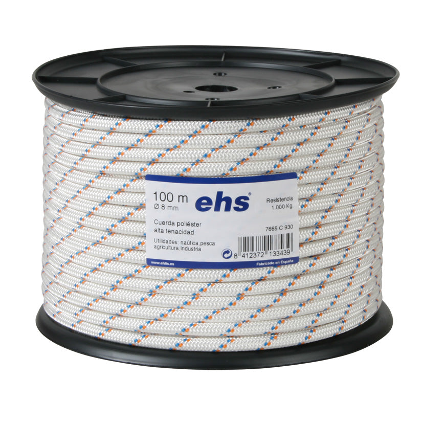 Bobina de cuerda poliéster alta tenacidad EHS blanca con motas azules y naranjas 8mm 100m