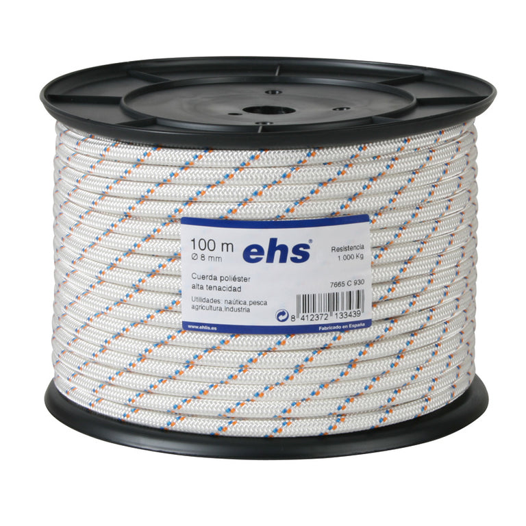 Bobina de cuerda poliéster alta tenacidad EHS blanca con motas azules y naranjas 8mm 100m