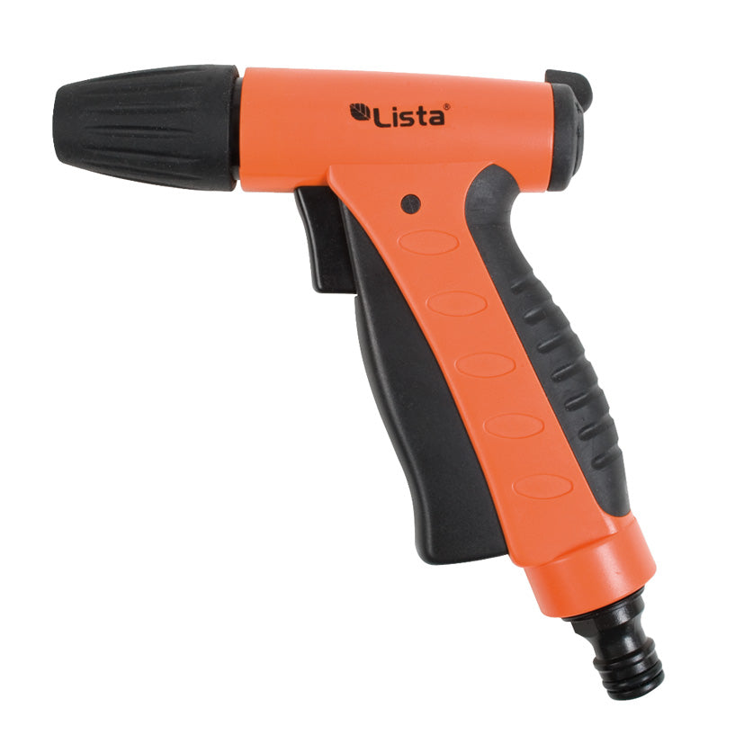 Pistola de riego LISTA Ergobasic naranja y negra con boquilla regulable y gatillo ergonómico bimaterial.