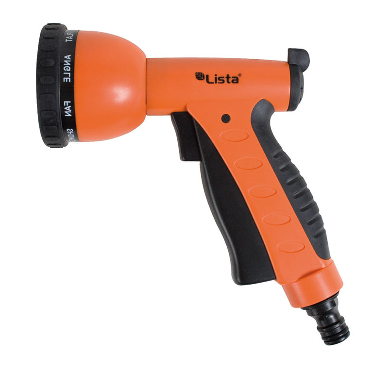 Pistola de riego LISTA Ergobasic naranja y negra con 8 modos de pulverización y gatillo ergonómico.