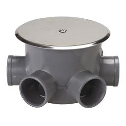 Bote sifónico CREARPLAST C-140 de PVC gris con tapa de acero inoxidable y múltiples entradas de desagüe