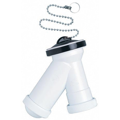 Sifón en Y Crearplast C-15 blanco con salida vertical 1 1/2 pulgadas y 40mm, incluye tapón y cadena metálica.