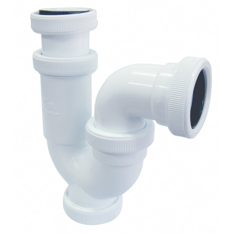 Sifón curvo extensible Crearplast C-9 blanco con salida horizontal y tuerca loca para desagüe.