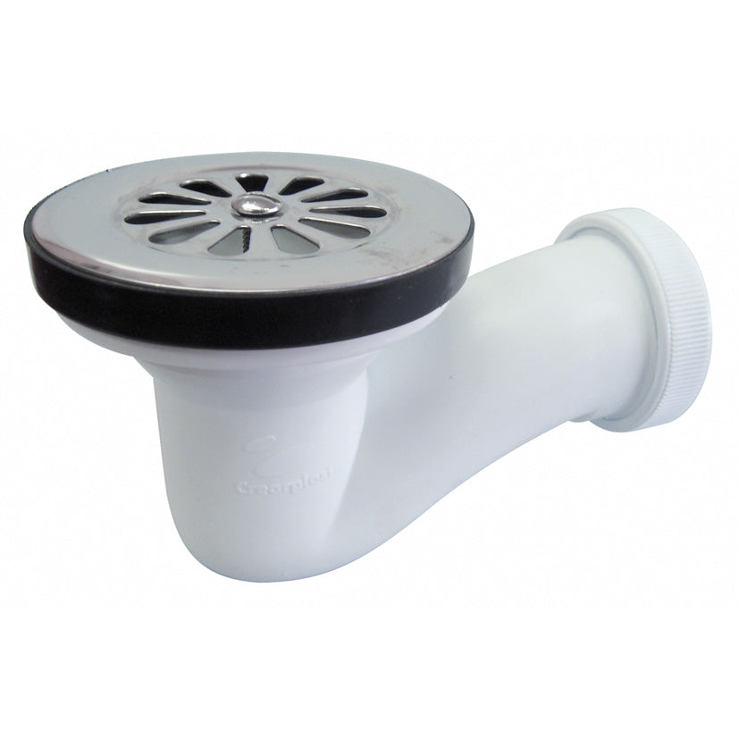 Válvula sifónica Crearplast para plato de ducha con rejilla de acero inoxidable y salida horizontal blanca