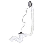Desagüe de bañera Crearplast con rebosadero flexible, sifón blanco y tapón cromado con cadena.
