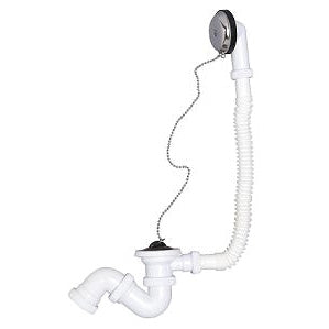 Desagüe de bañera Crearplast con rebosadero flexible, sifón blanco y tapón cromado con cadena.