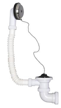 Válvula de desagüe para bañera con salida orientable y tubo extensible de rebosadero, vista de perfil.
