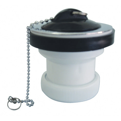 Válvula de desagüe CREARPLAST C-76 para lavabo y bidé con tapón negro y cadena metálica.