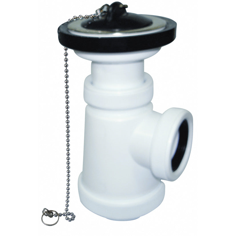 Sifón botella corto extensible Crearplast C-24 blanco con válvula y tapón de cadena para lavabo o bidé