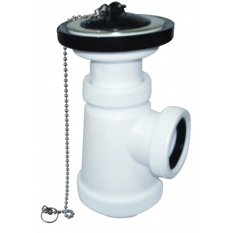 Sifón botella corto extensible Crearplast C-24 blanco con válvula y tapón de cadena para lavabo o bidé