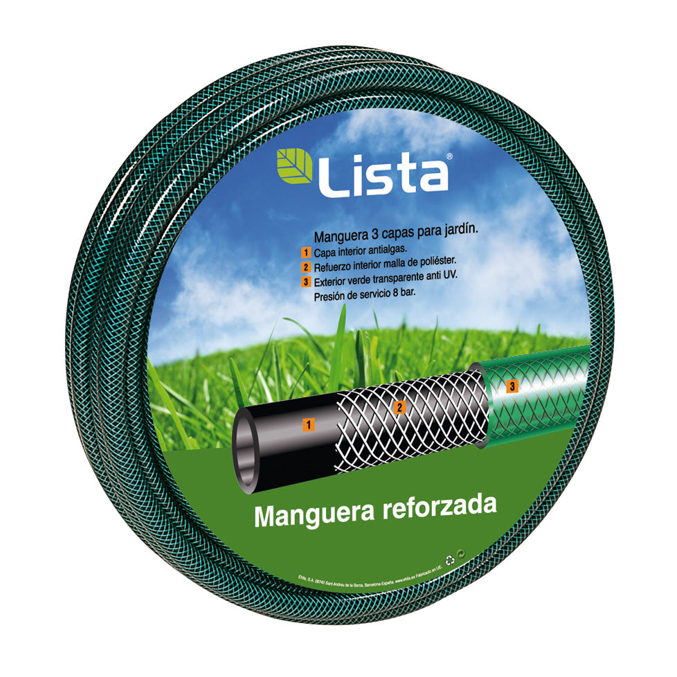 Manguera de jardín LISTA reforzada de 3 capas verde transparente con malla de poliéster y protección UV