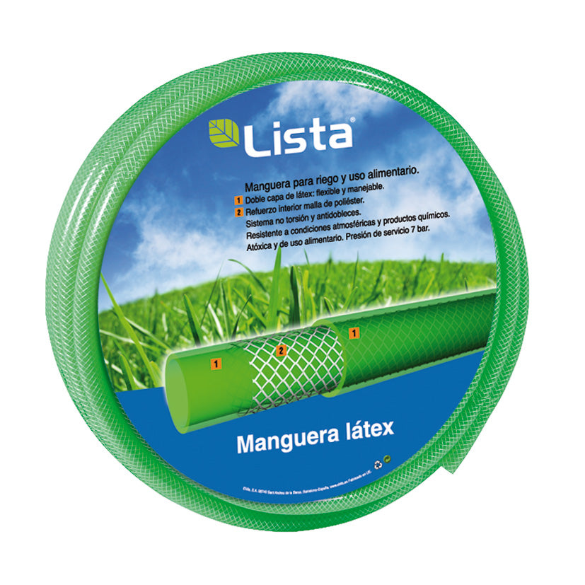 Manguera de riego LISTA tricapa tipo látex verde con refuerzo de malla de poliéster y detalles técnicos.