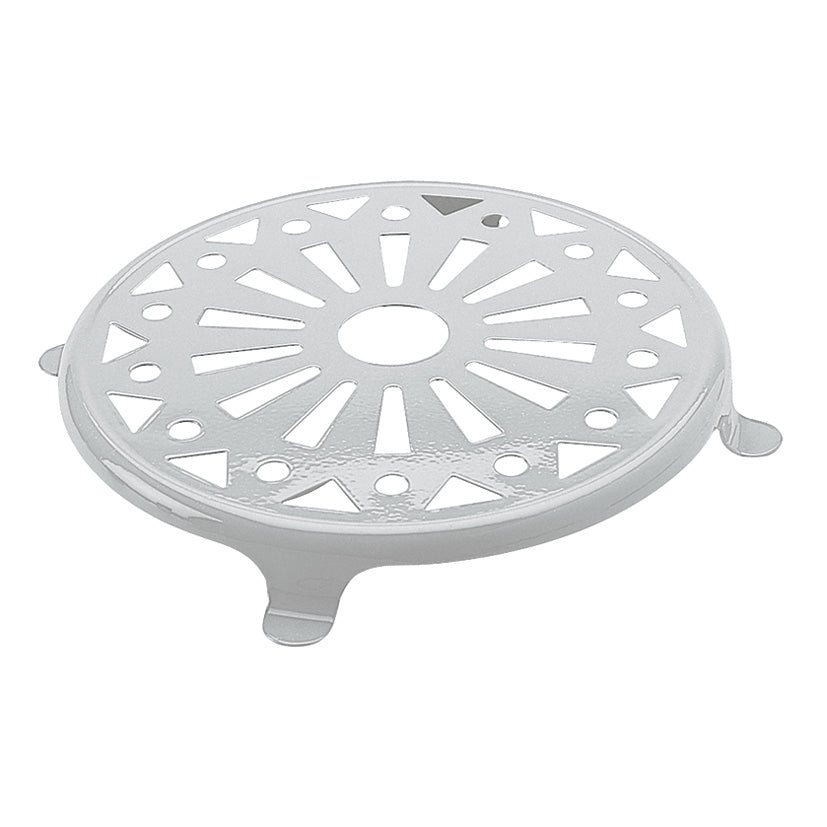 Salvamanteles redondo de acero inoxidable de 20 cm con diseño calado radial y patas de apoyo