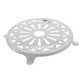 Salvamanteles redondo de acero inoxidable de 20 cm con diseño calado radial y patas de apoyo