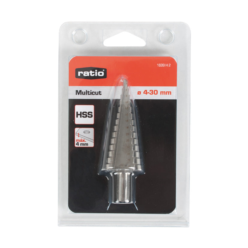 Blíster de broca escalonada RATIO MultiCut HSS rango 4-30 mm para perforación de metales.