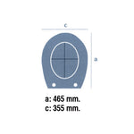 Esquema técnico de medidas del asiento WC Polo con largo de 465 mm y ancho de 355 mm