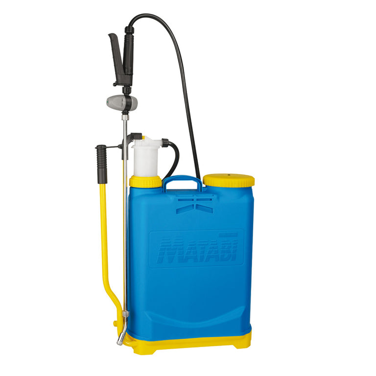 Pulverizador de mochila Matabi Super Agro 16 azul y amarillo con lanza de latón y regulador de presión
