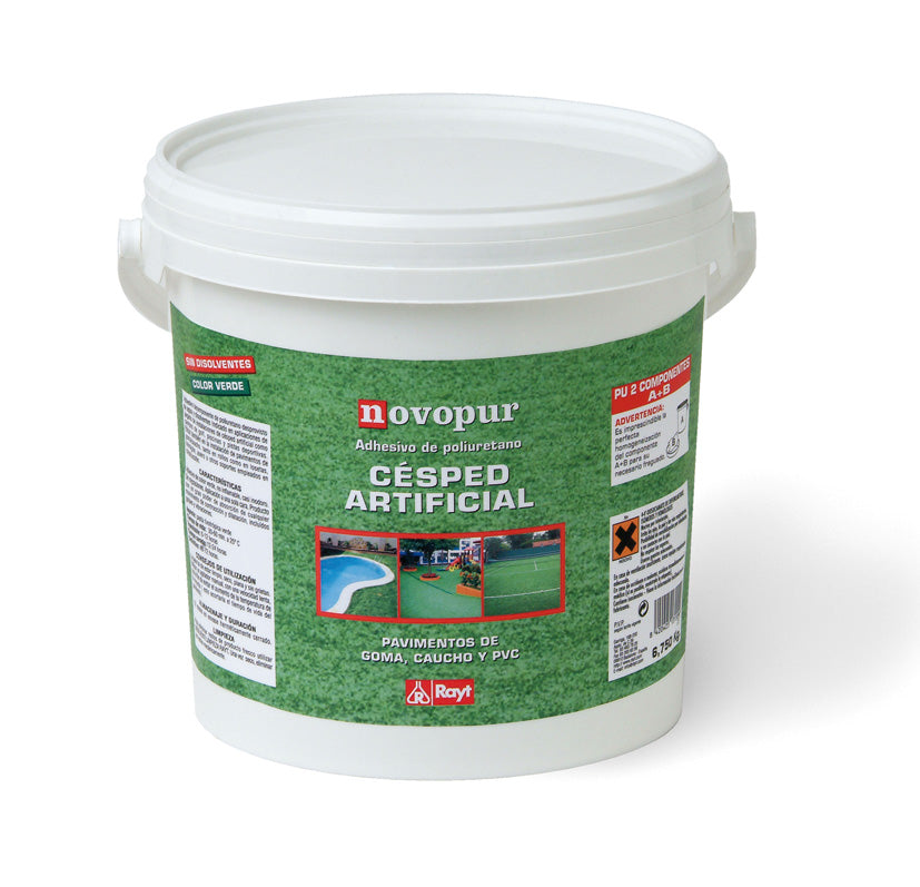 Bote de adhesivo bicomponente RAYT Novopur de 6,75 kg para instalación de césped artificial color verde.