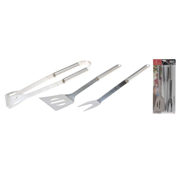 Set de 3 utensilios para barbacoa en acero inoxidable con pinzas, tenedor y espátula de mango largo.
