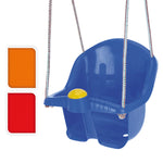 Columpio infantil de plástico azul con respaldo alto y cuerdas de seguridad para jardín.