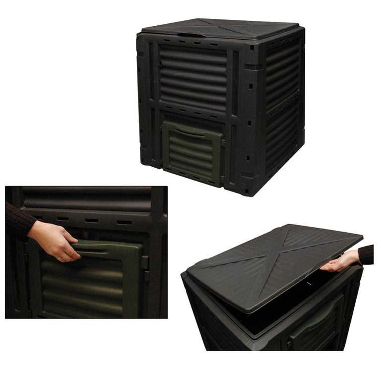 Compostador de plástico negro de 450 litros con tapa superior y trampilla inferior para extracción de abono