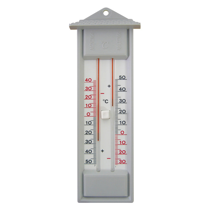 Termómetro exterior Herter de plástico con diseño de tejadillo y registro de temperaturas.