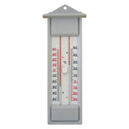 Termómetro exterior Herter de plástico con diseño de tejadillo y registro de temperaturas.