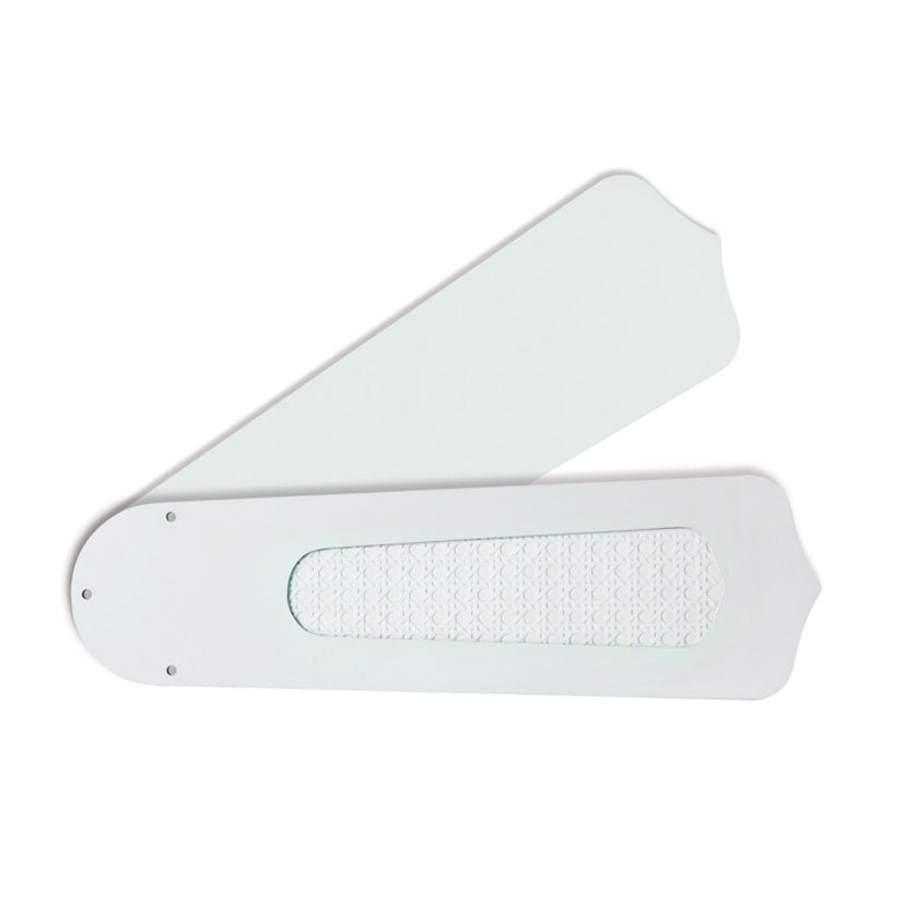 Detalle de las aspas reversibles del ventilador Habitex en color blanco y acabado rejilla.